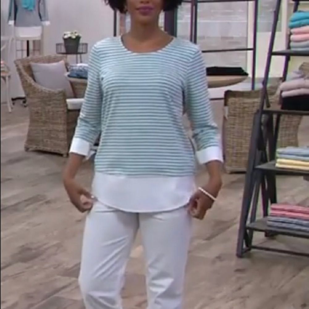 Martha Stewart Striped Poplin Cuffs and Hem Knit Top - Picture 2 of 6